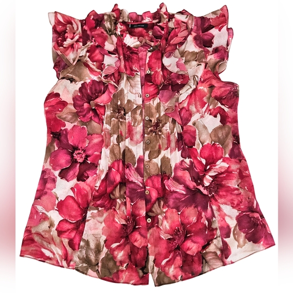 🌷AK Anne Klein Pink & Cream Ruffled Floral Blouse🌷 - Picture 2 of 6